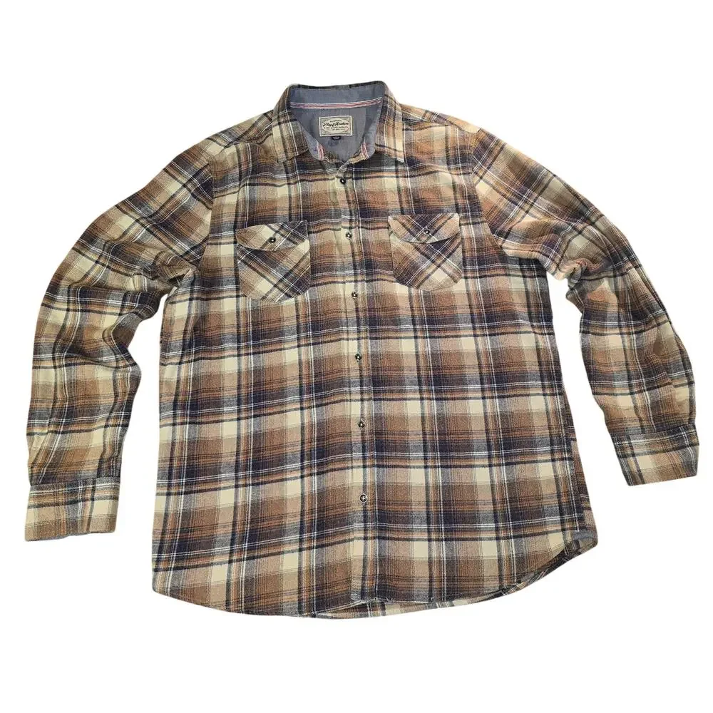 Flag & Anthem Plaid Flannel Shirt Men’s Large Brown Blue Button Front